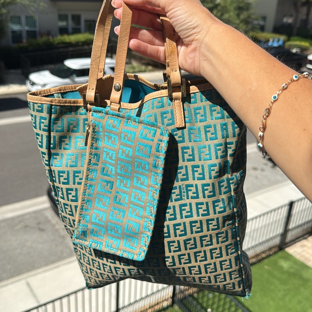 Fendi Zucchino Tote w/ Pouch – Rare Turquoise Monogram w/ COA - Picture 14 of 15